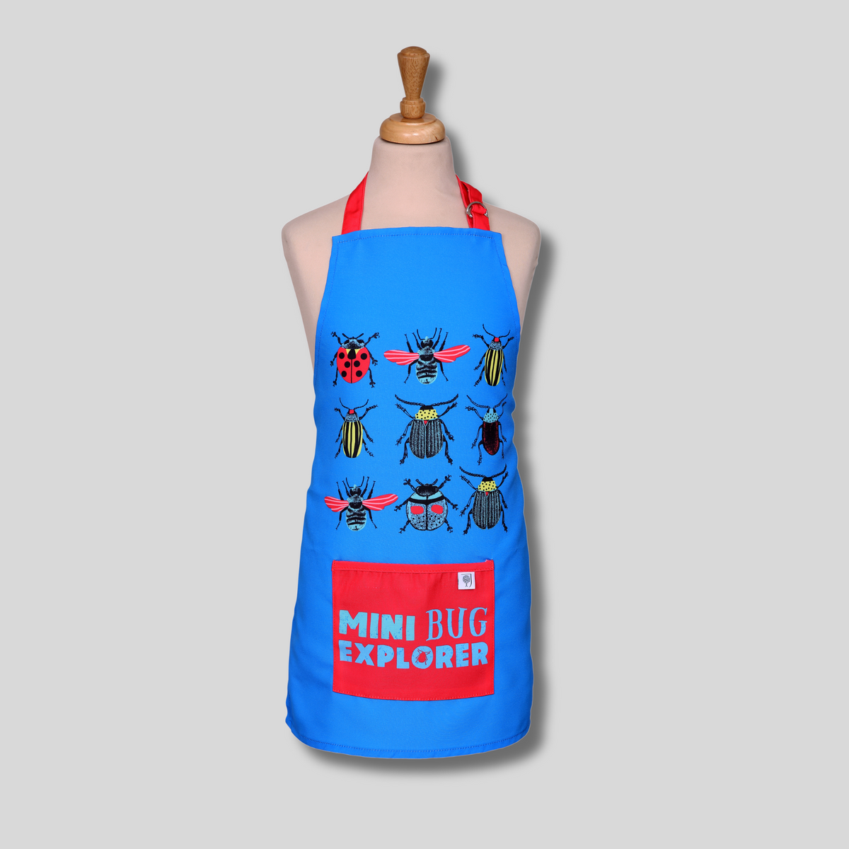 Eco-friendly RHS I Bug You apron for children in blue RPET, ideal for crafts and cooking

