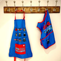 Eco-friendly RHS I Bug You apron for children in blue RPET, ideal for crafts and cooking

