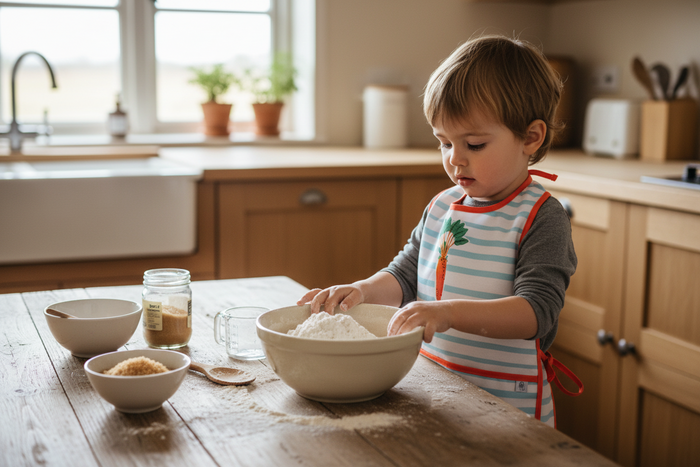 Child in a kitchen mixing ingredients in a bowl on a wooden table.