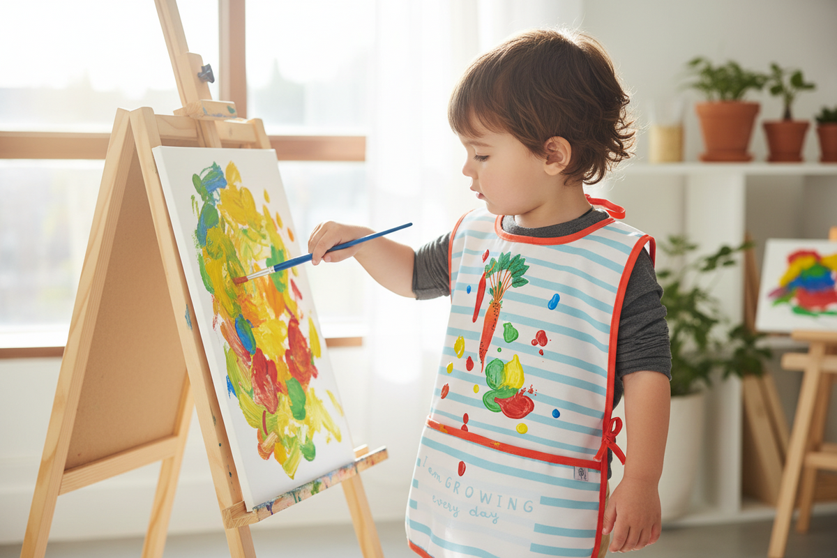 Child painting on an easel with a colorful painting in a bright room.