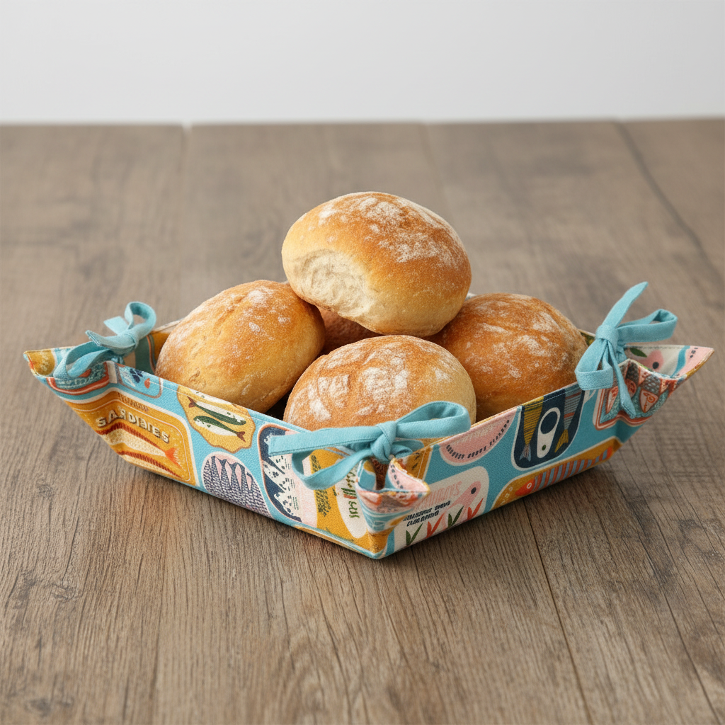 A blue bread basket with a vibrant retro-style print featuring colorful sardine tins, adorned with blue ribbon ties at the corners.